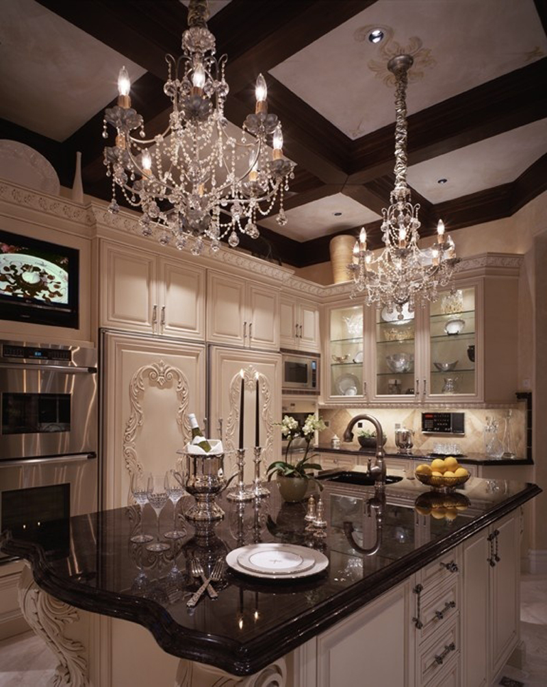 Kitchen Island with Silver Chandelier 