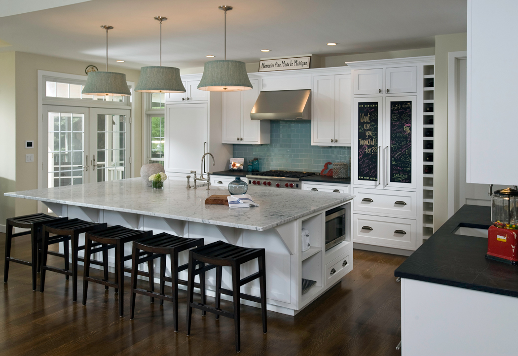 84 White Kitchen With Black Wooden Bar Stools And Dark Wood Floors 