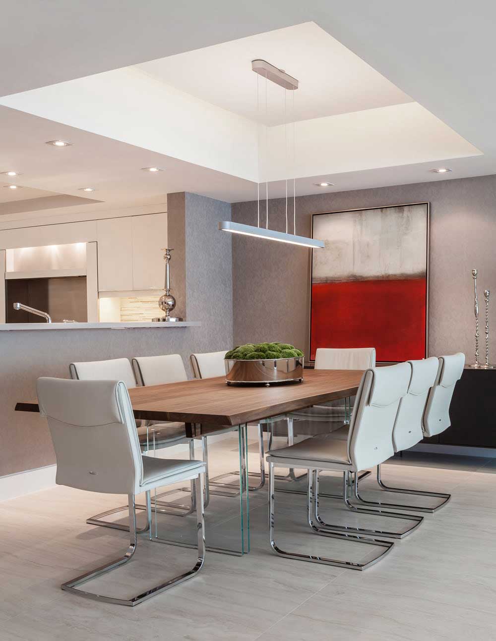 modern dining room with square linear pendant light fixture