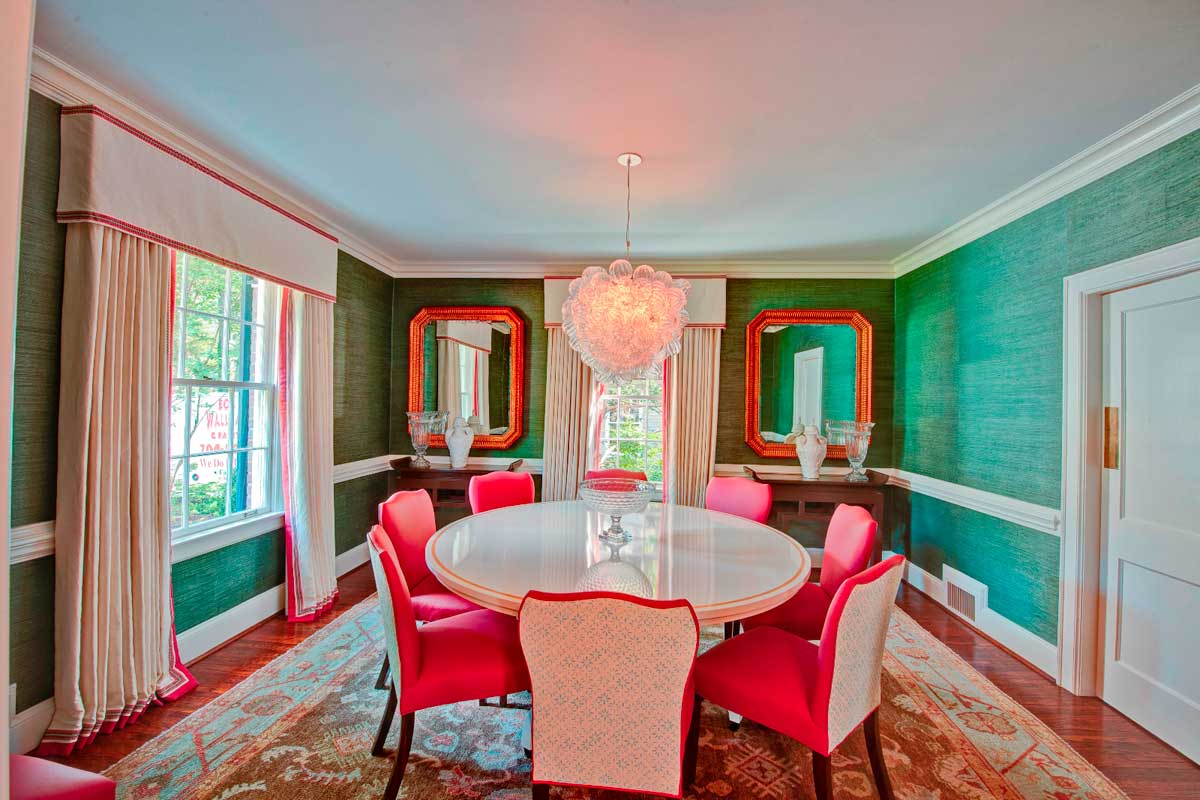 colorful dining room with glass ball chandelier