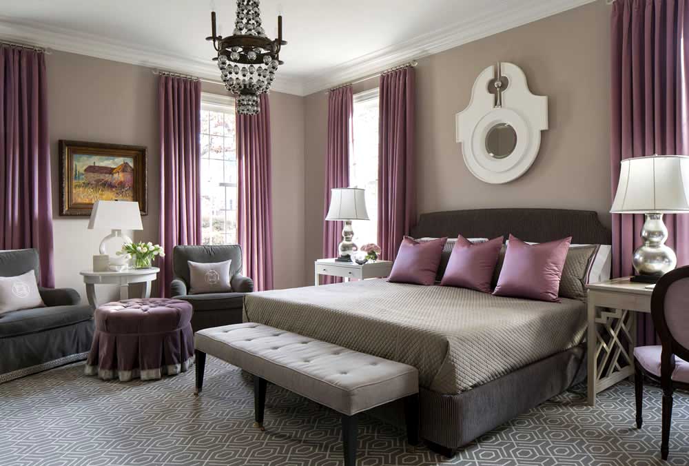 purple master bedroom with small globe chandeliers