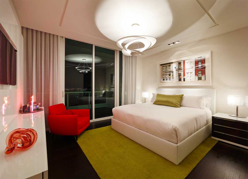 modern bedroom with led chandelier 