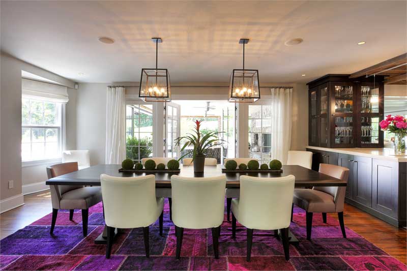 formal dining room with box pendant lights