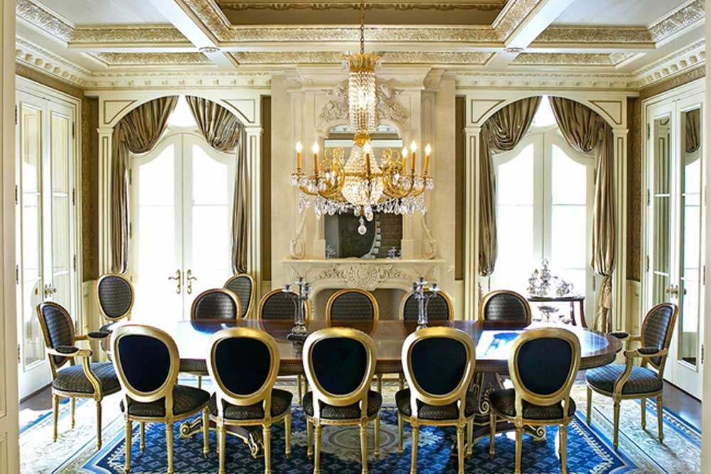luxury dining room with crystal chandelier