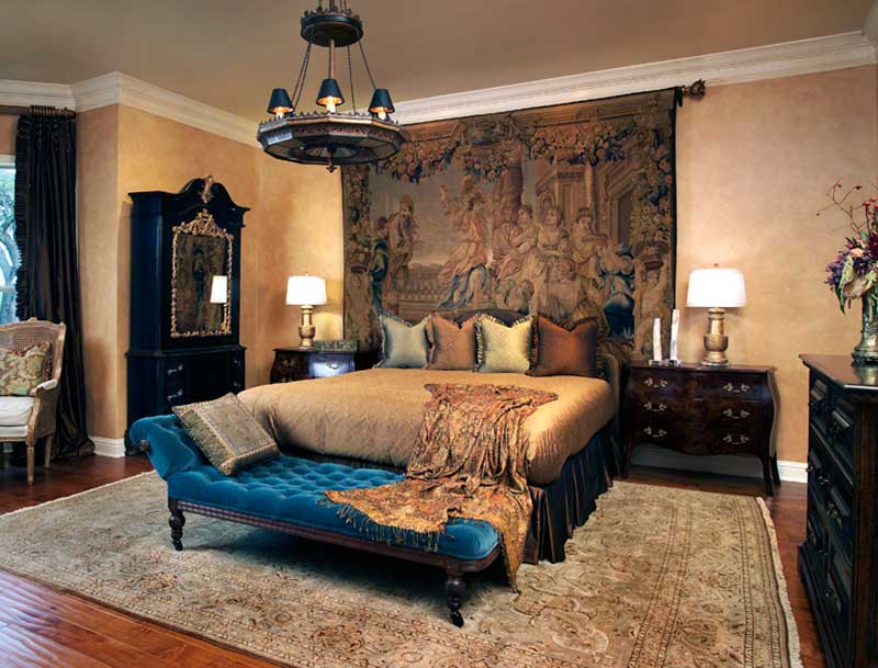 traditional bedroom with black chandelier 