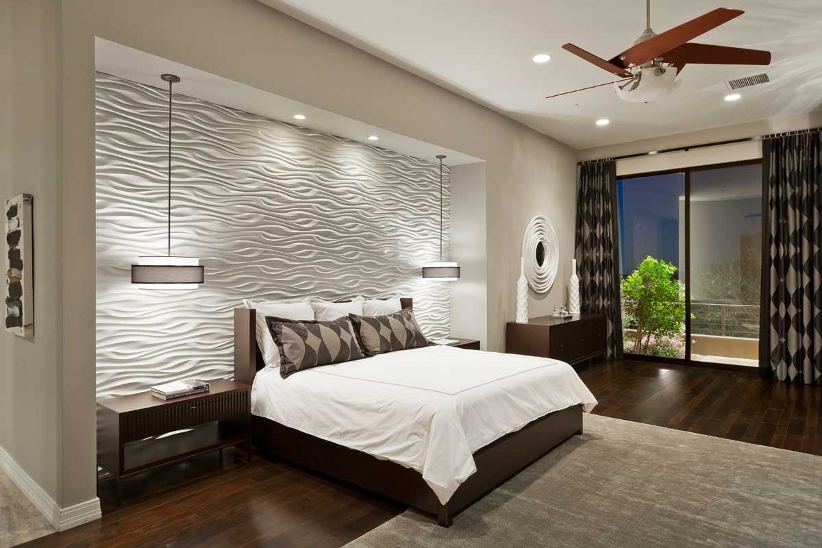 modern bedroom with drum shade pendant lights 