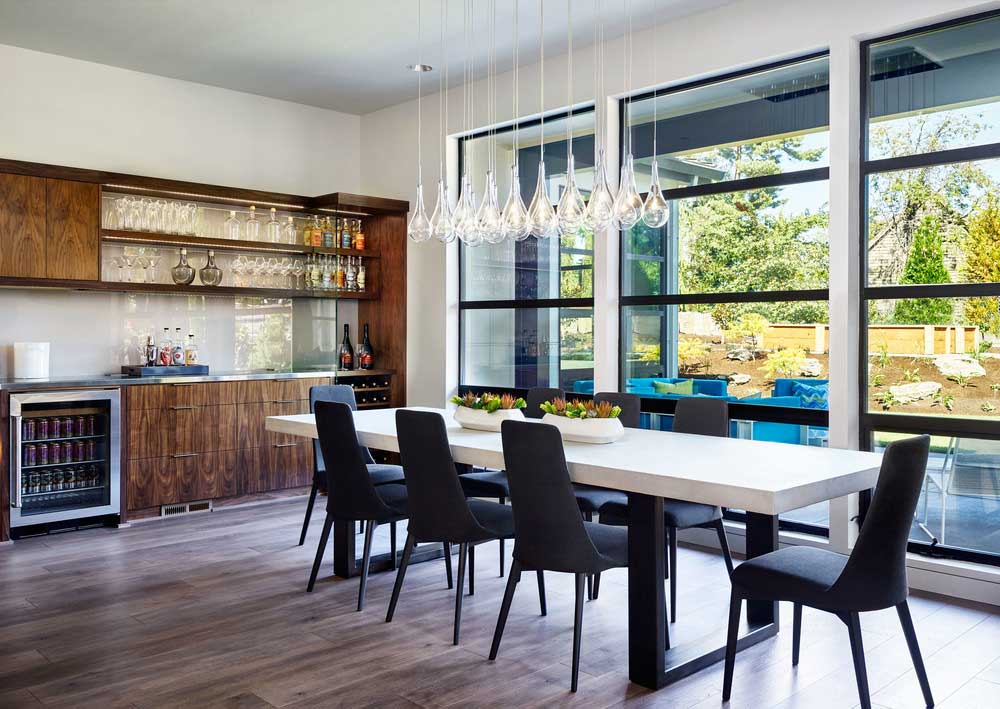 dining room with clear glass pendant lights