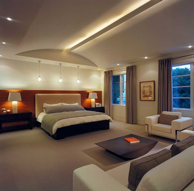 modern bedroom with led and pendant light