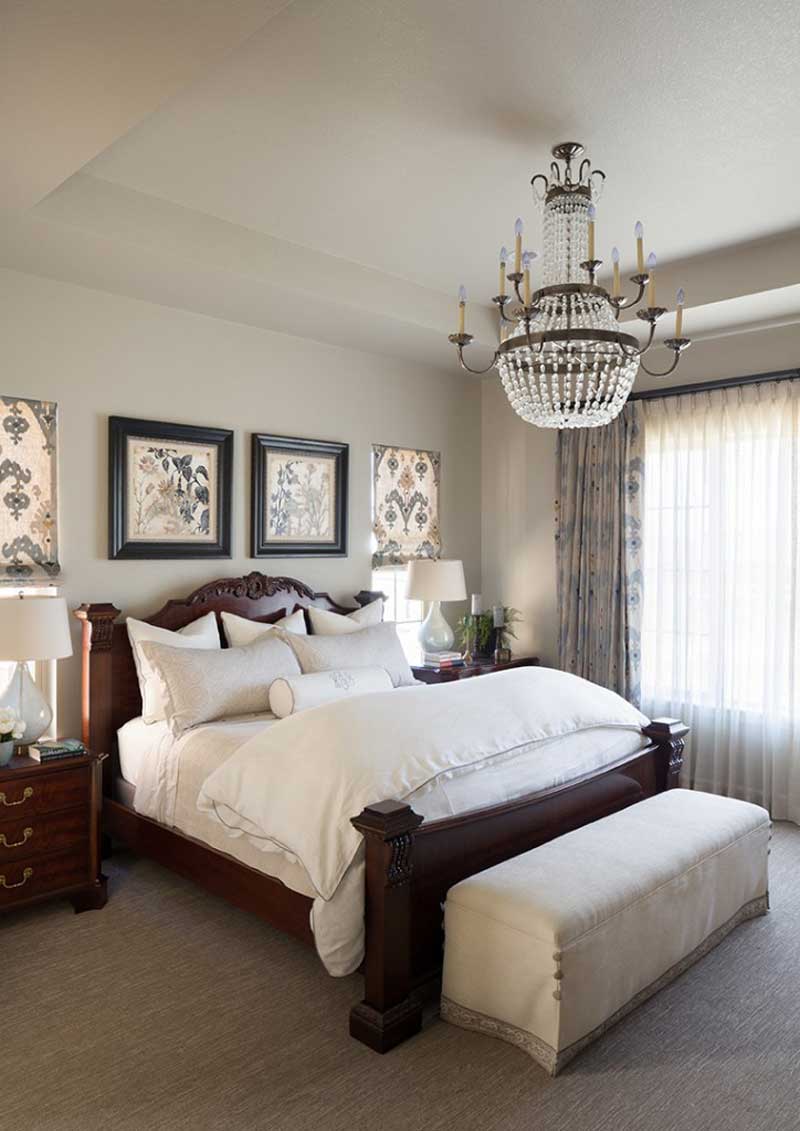 bedroom with beaded candle chandelier 