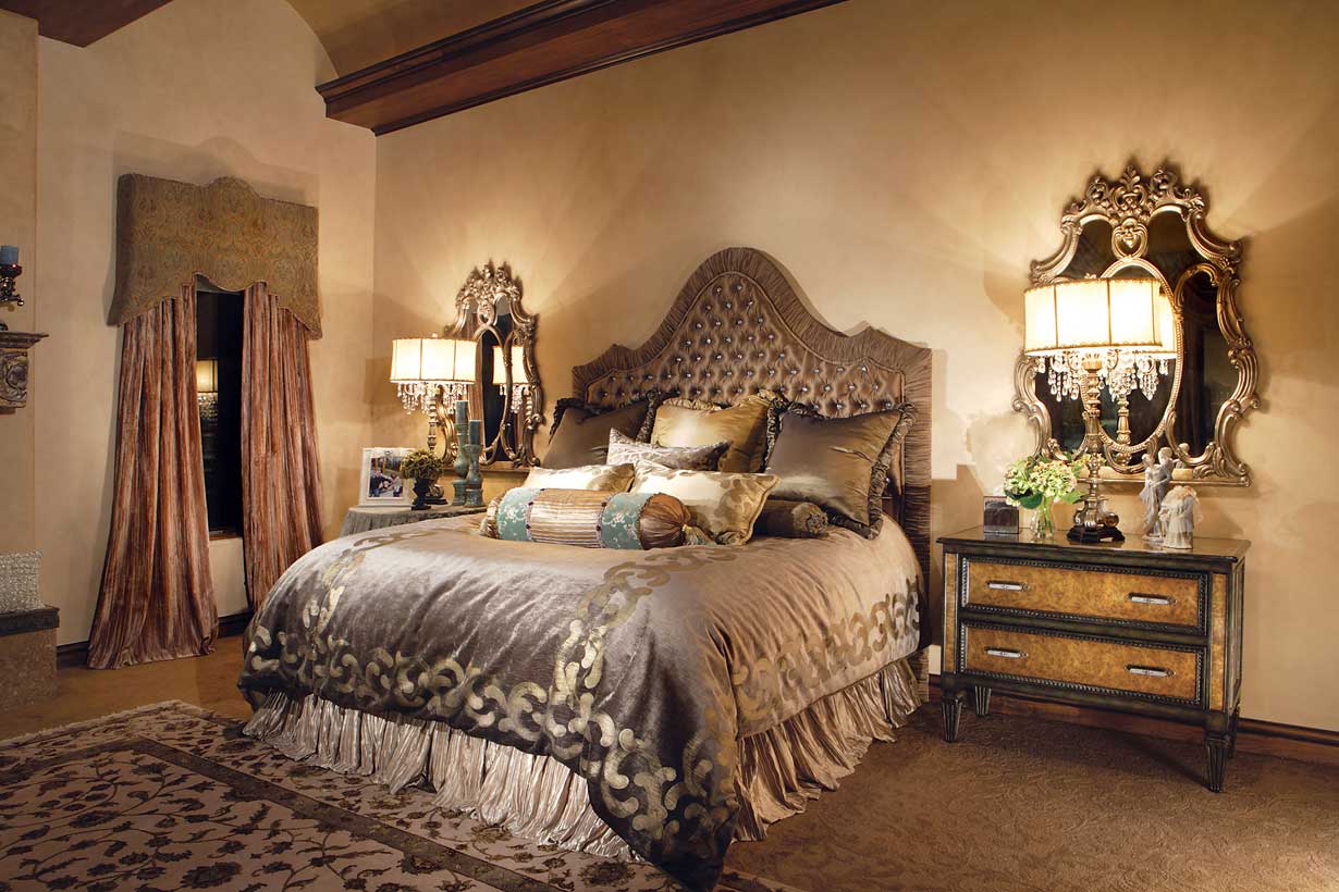 rustic bedroom with crystal chandelier table lamps