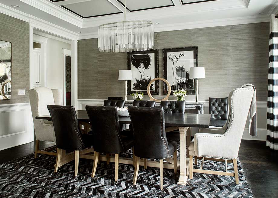 black white dining room with chandelier