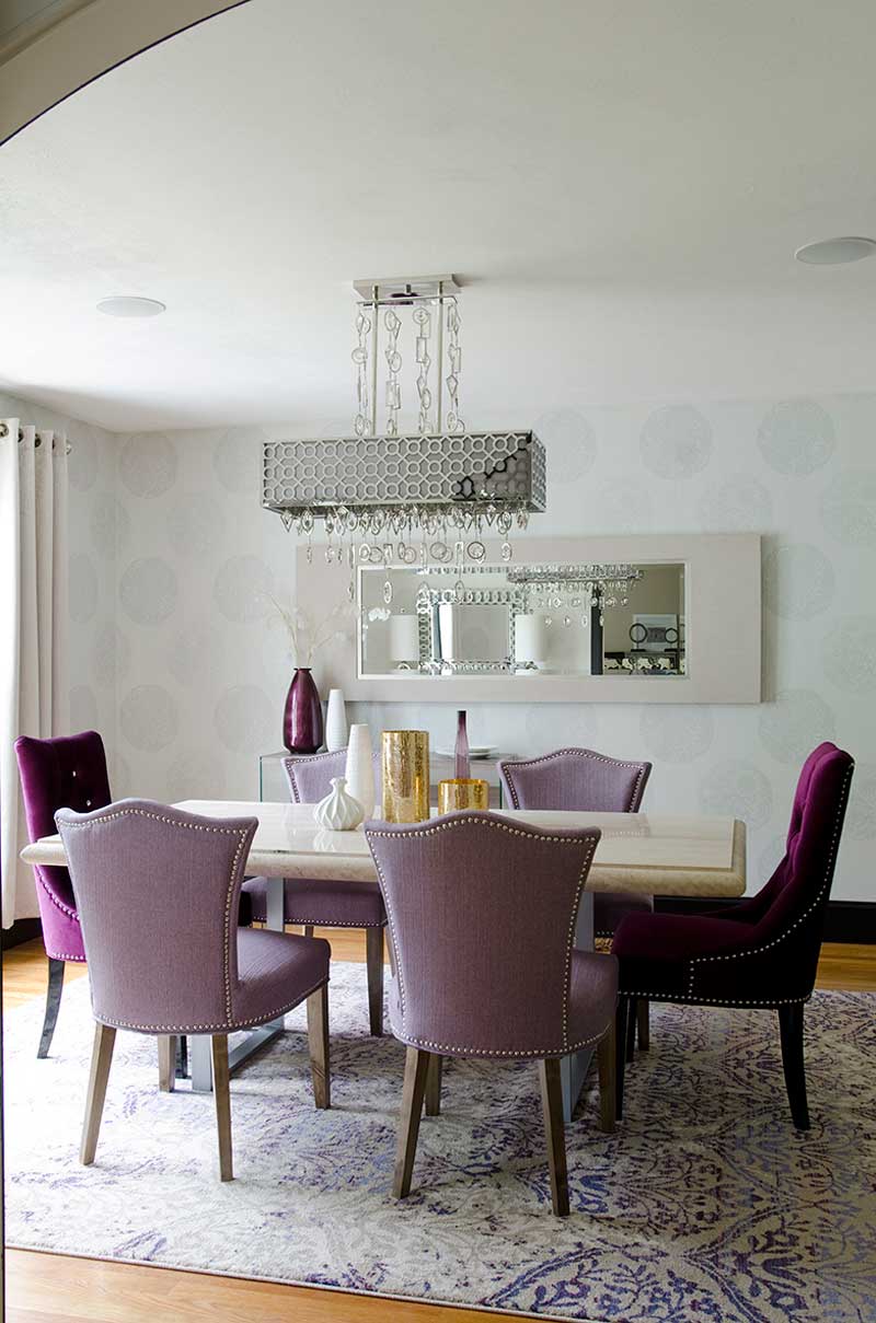 purple dining room with rectangular glass droplets chandelier