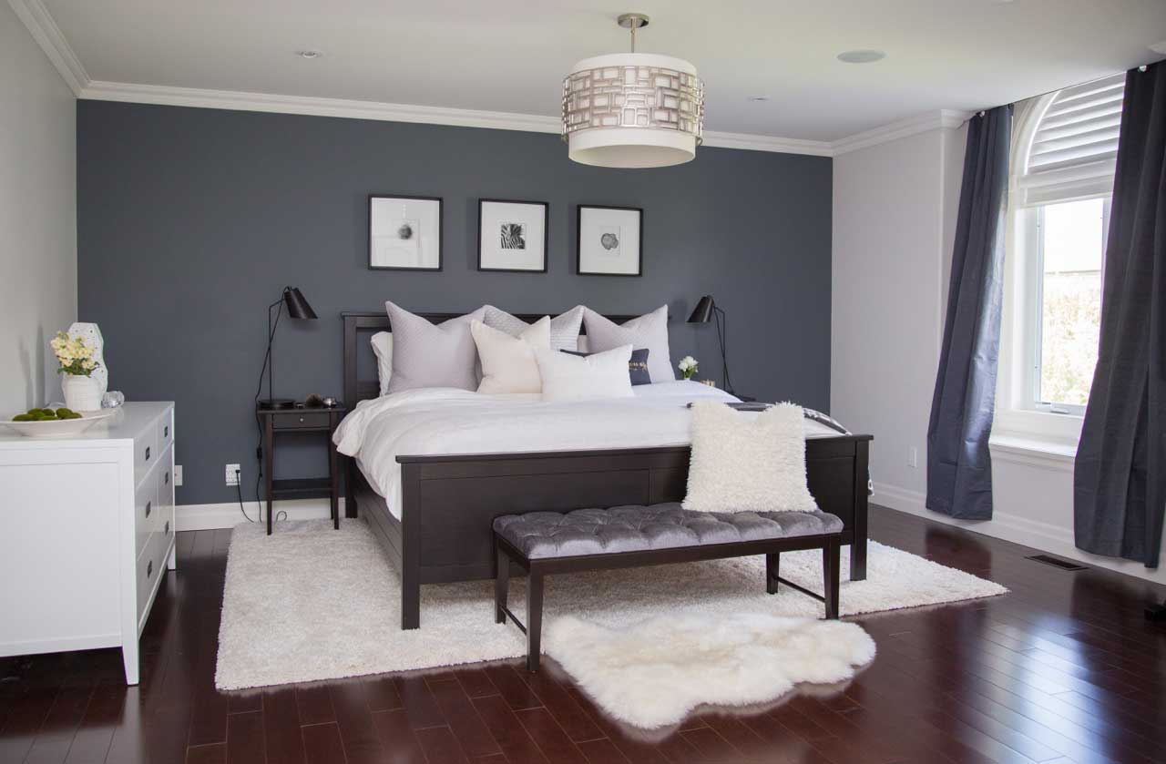 grey contemporary bedroom with drum shade pendant ceiling lighting