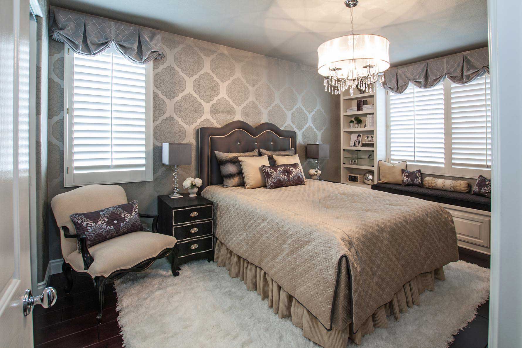 small master bedroom with drum shade chandelier 