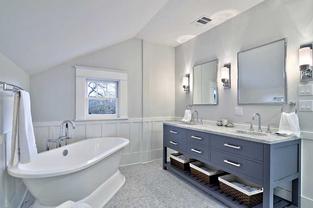 small bathroom with modern wall sconces