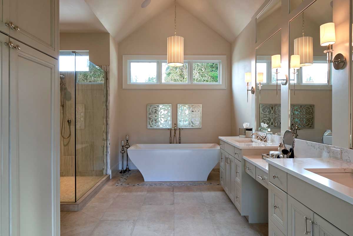 bathroom with wall sconces and pendant lighting.com