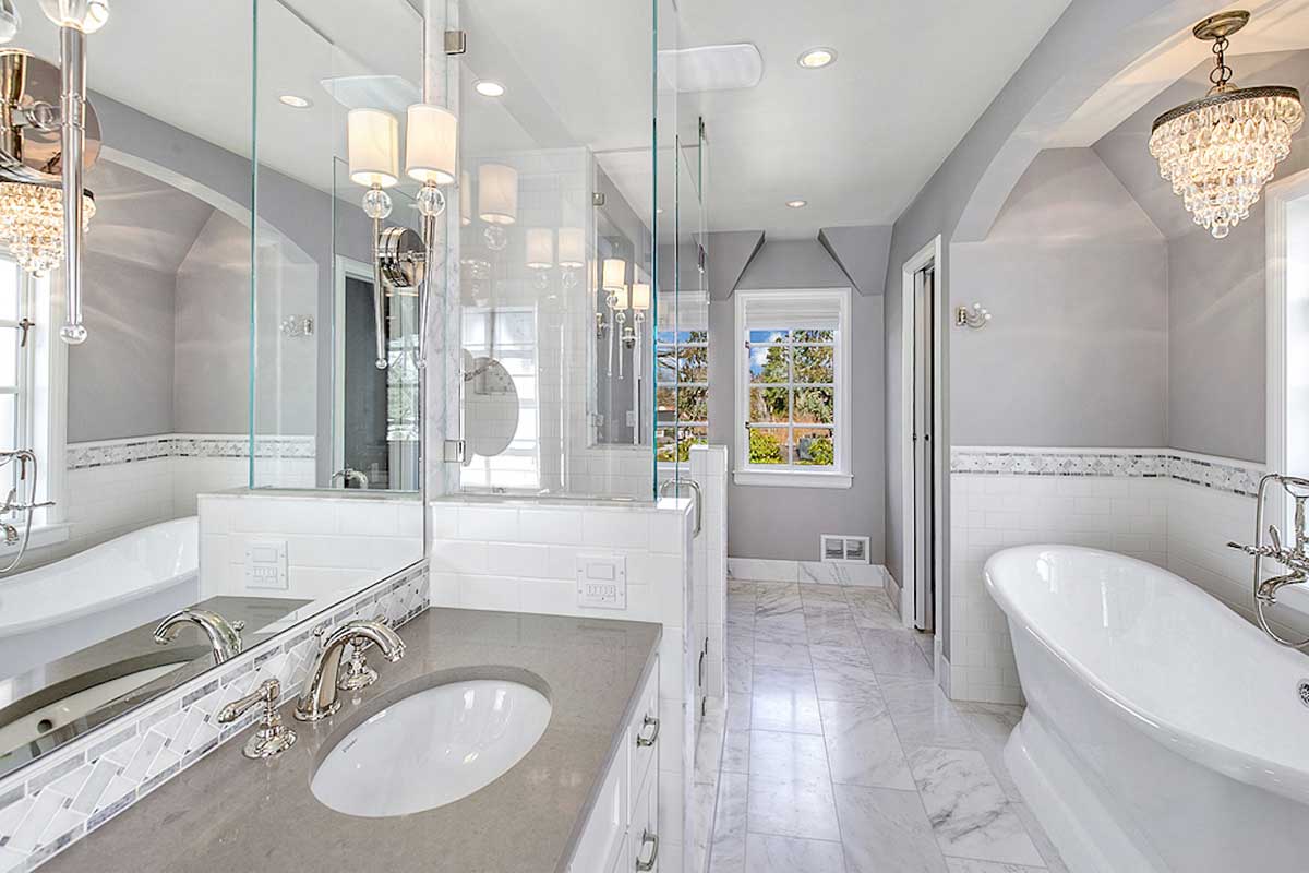 bathroom with modern faceted glass mini chandelier