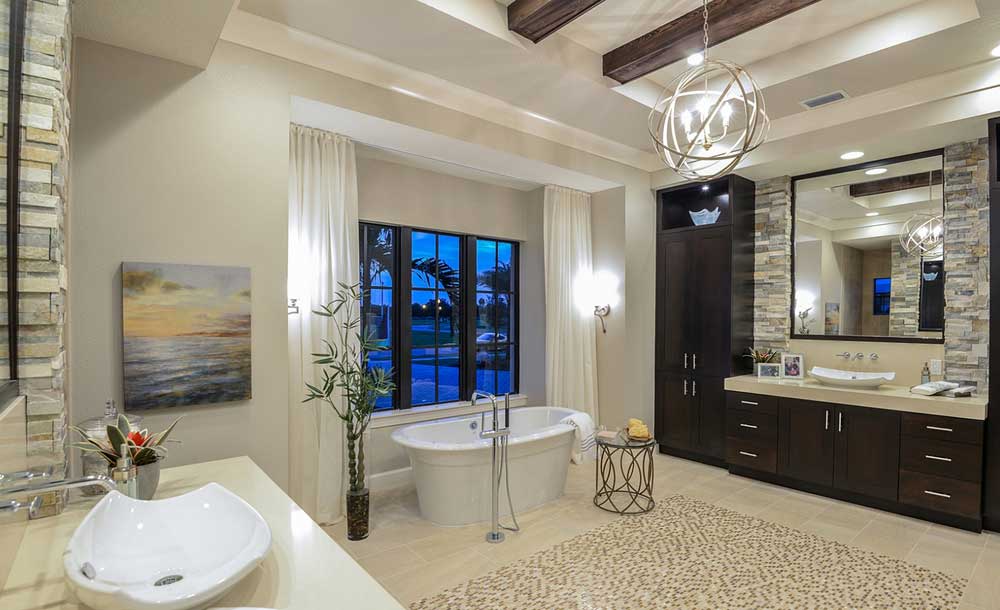 bathroom with orb chandelier