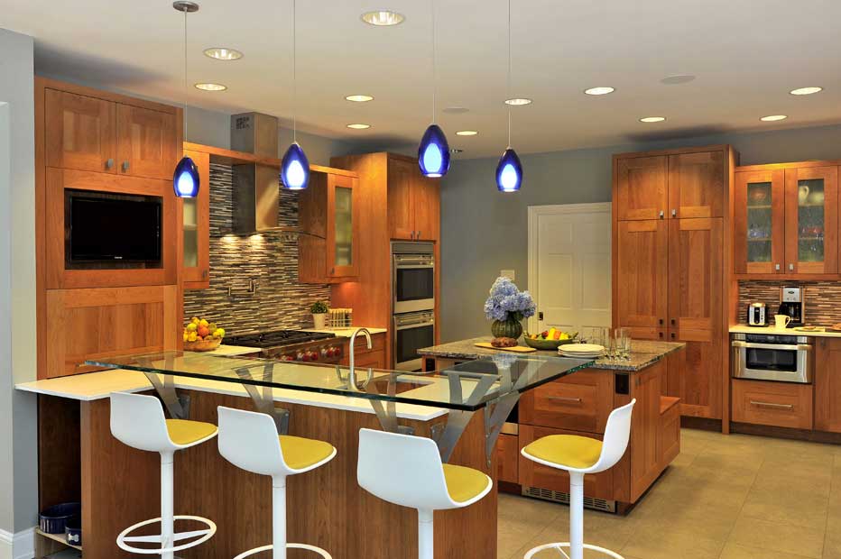 kitchen with cobalt blue pendant light