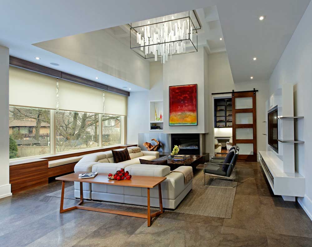 living room with capiz shell chandeliers