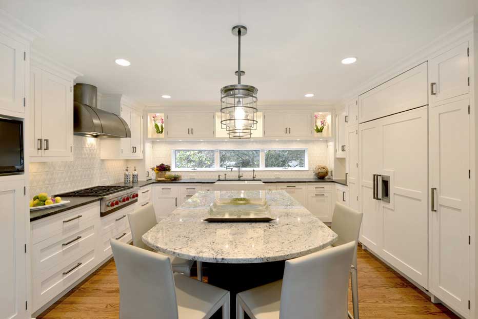 kitchen with glass industrial pendant light