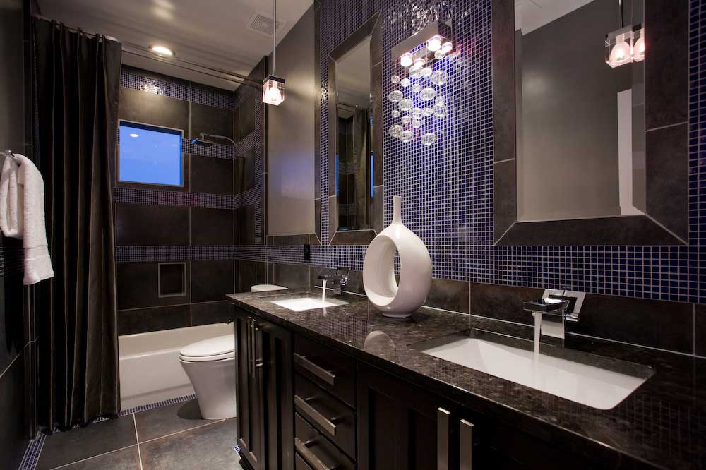 small bathroom with wall sconce chandelier