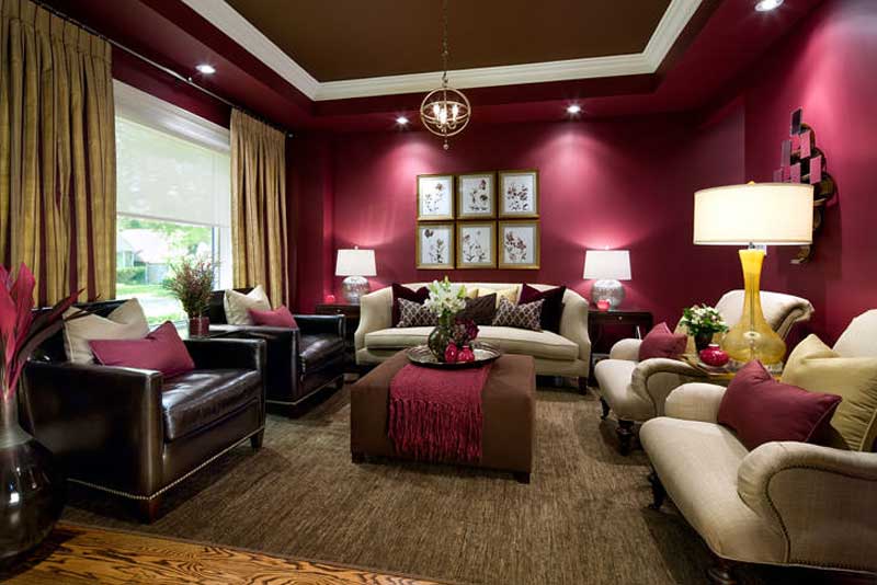 dark purple living room with orb pendant lights