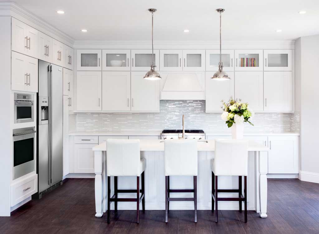 kitchen with chrome pendant light fixture