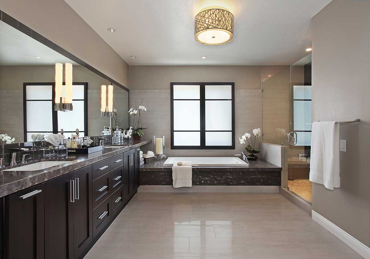 contemporary bathroom with drum pendant ceiling light