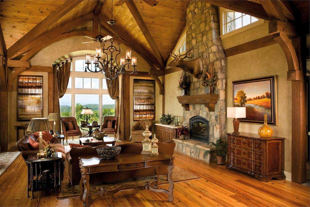 rustic living room with traditional candle chandeliers