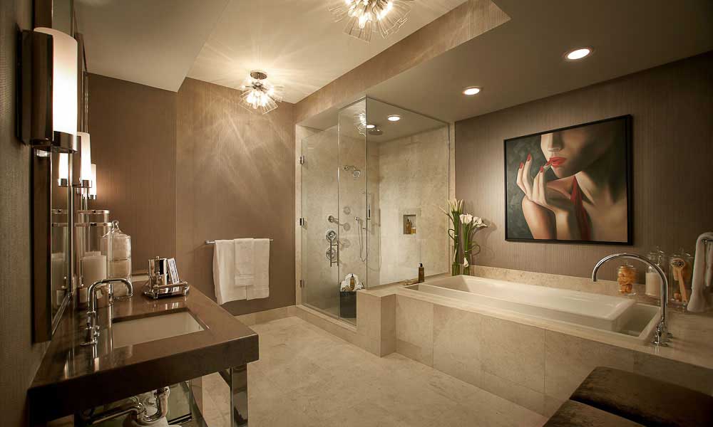 contemporary bathroom with glass pendant ceiling lights