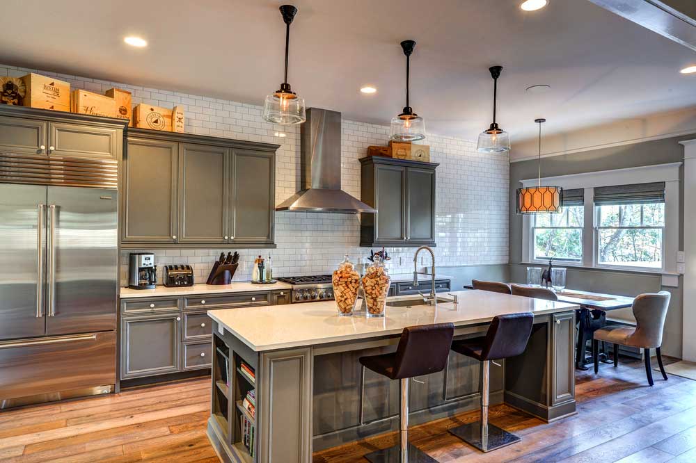 kitchen with glass dome pendant lights