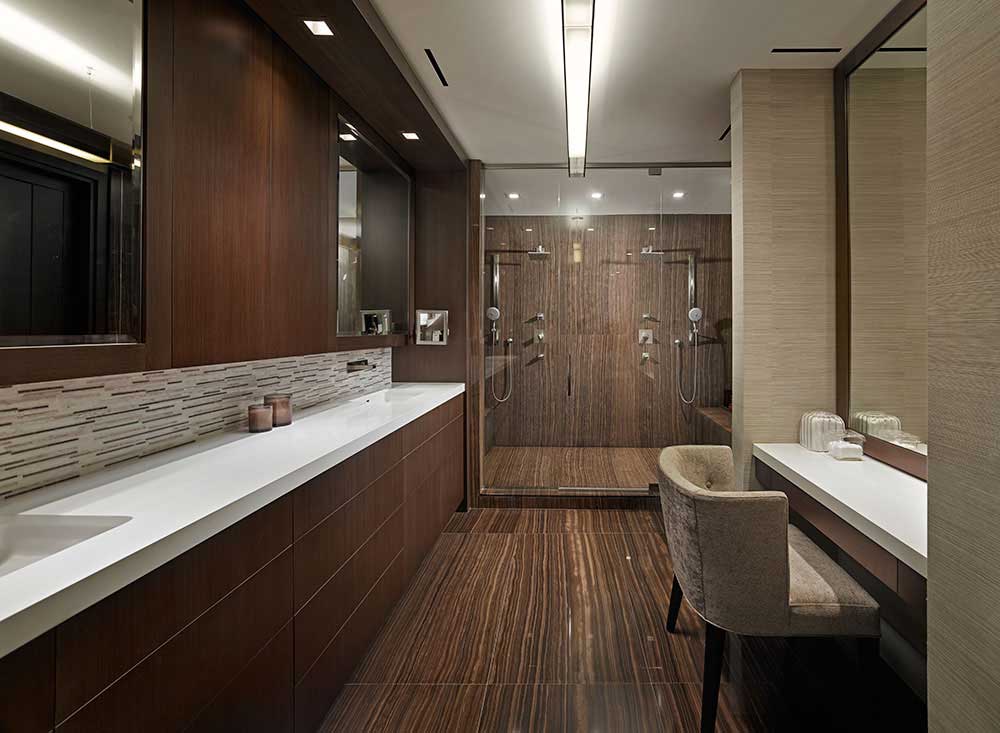 contemporary bathroom with linear led ceiling lights