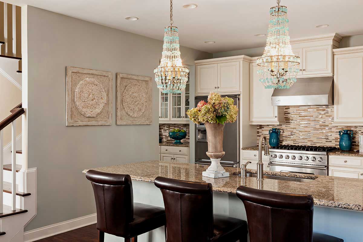 kitchen with turquoise empire chandelier