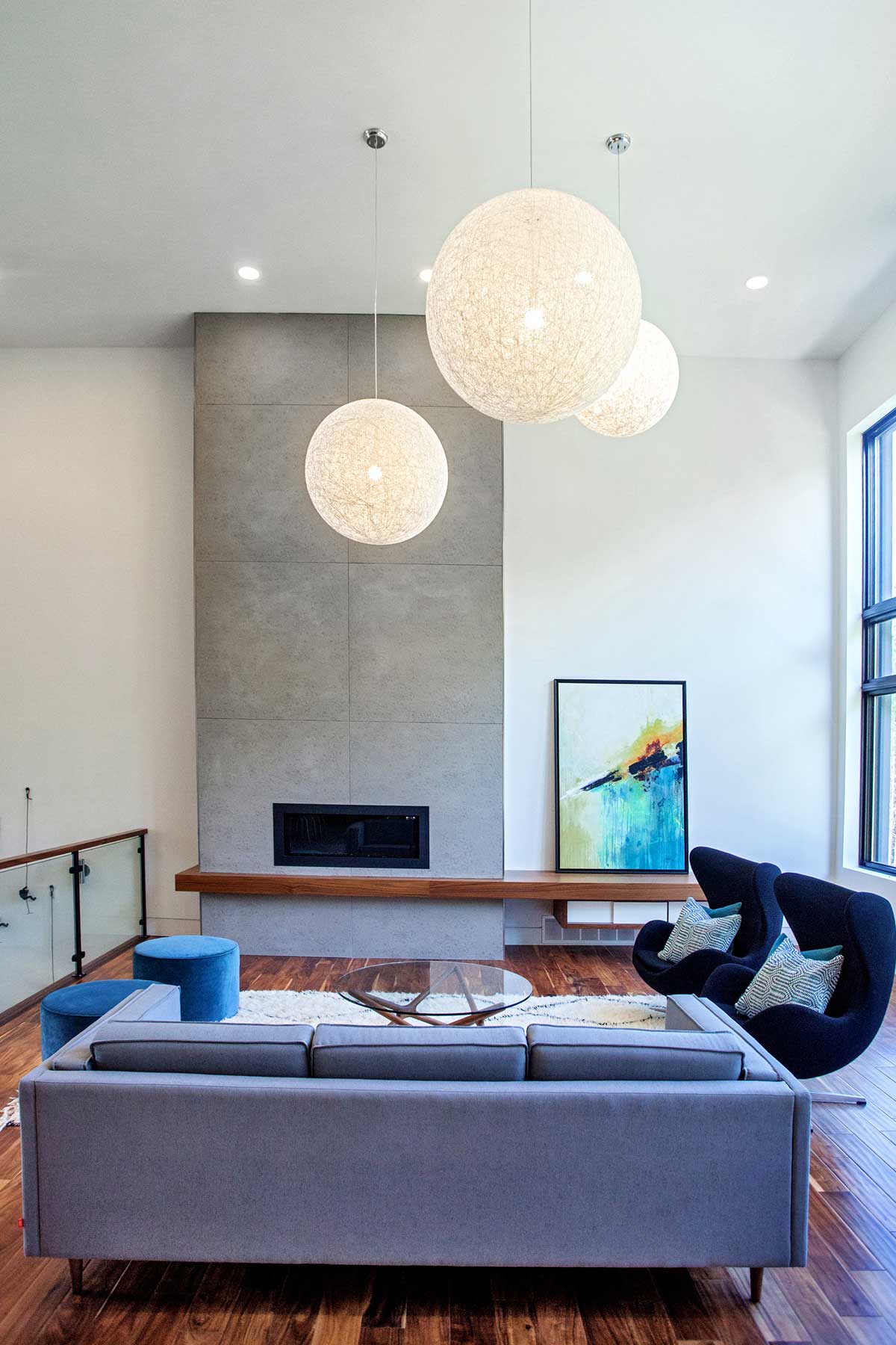 living room with paper lanterns lights