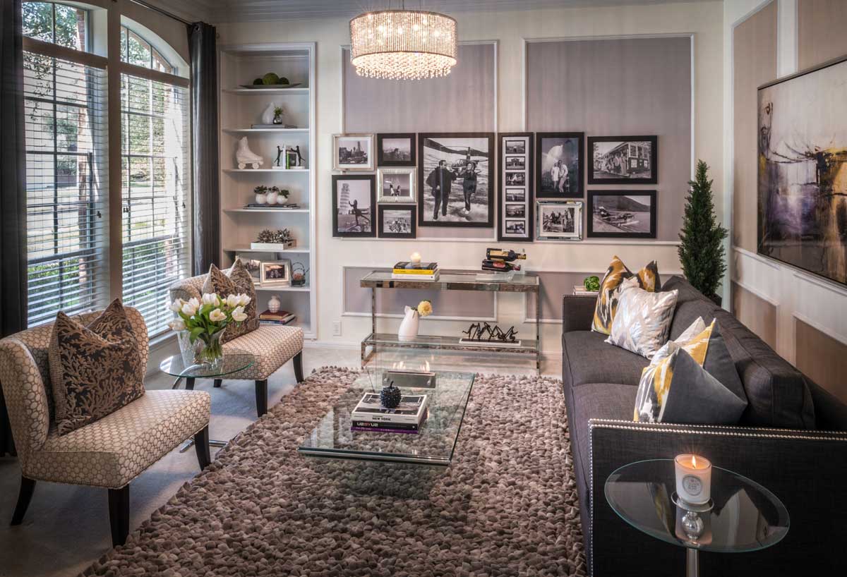 small living room with drum shade crystal chandeliers