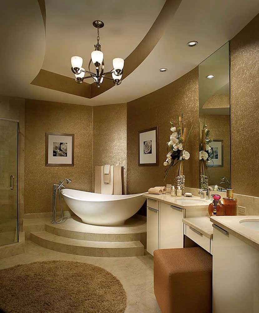 transitional bathroom with chandelier