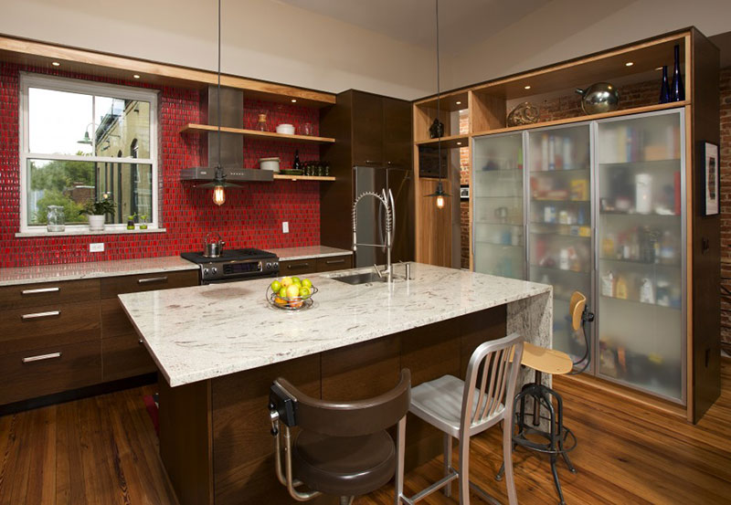 Contemporary kitchen with valley white granite countertops