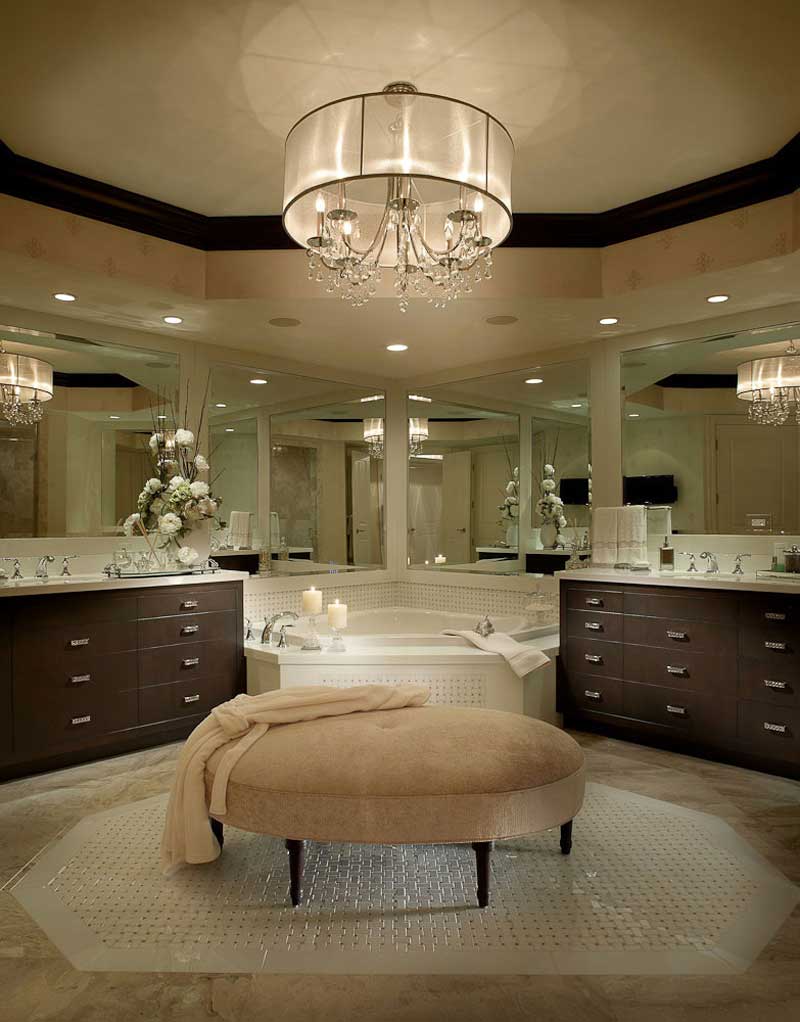 transitional bathroom with drum shade crystal chandelier