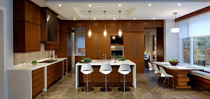 kitchen with glass tube pendant light fixtures