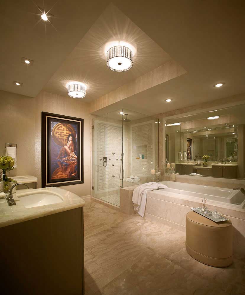 45 Bathroom Lighting Ideas To Complement The Room   27 Transitional Bathroom With Drum Ceiling Light Fixture 