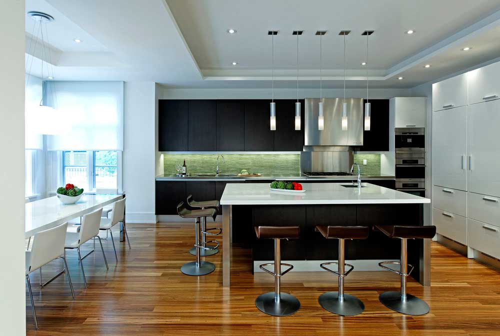 kitchen with tube pendant light fixture in brushed nickel