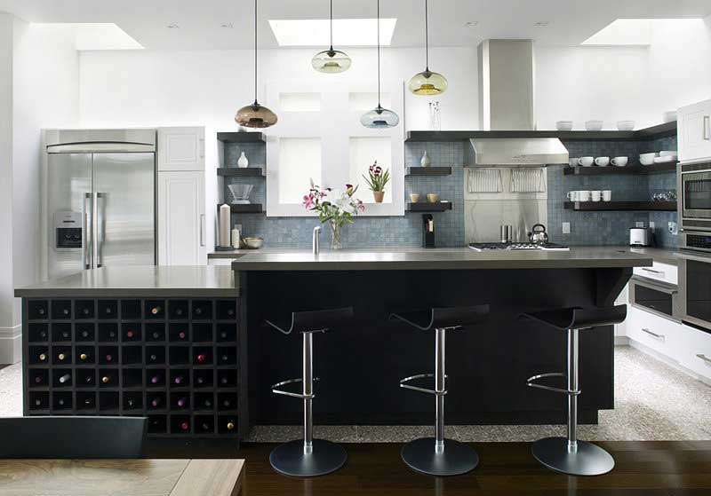 kitchen with colorful blown glass pendant lights