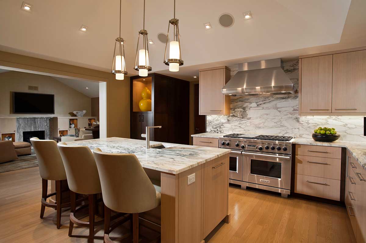 kitchen with cylinder pendant lights