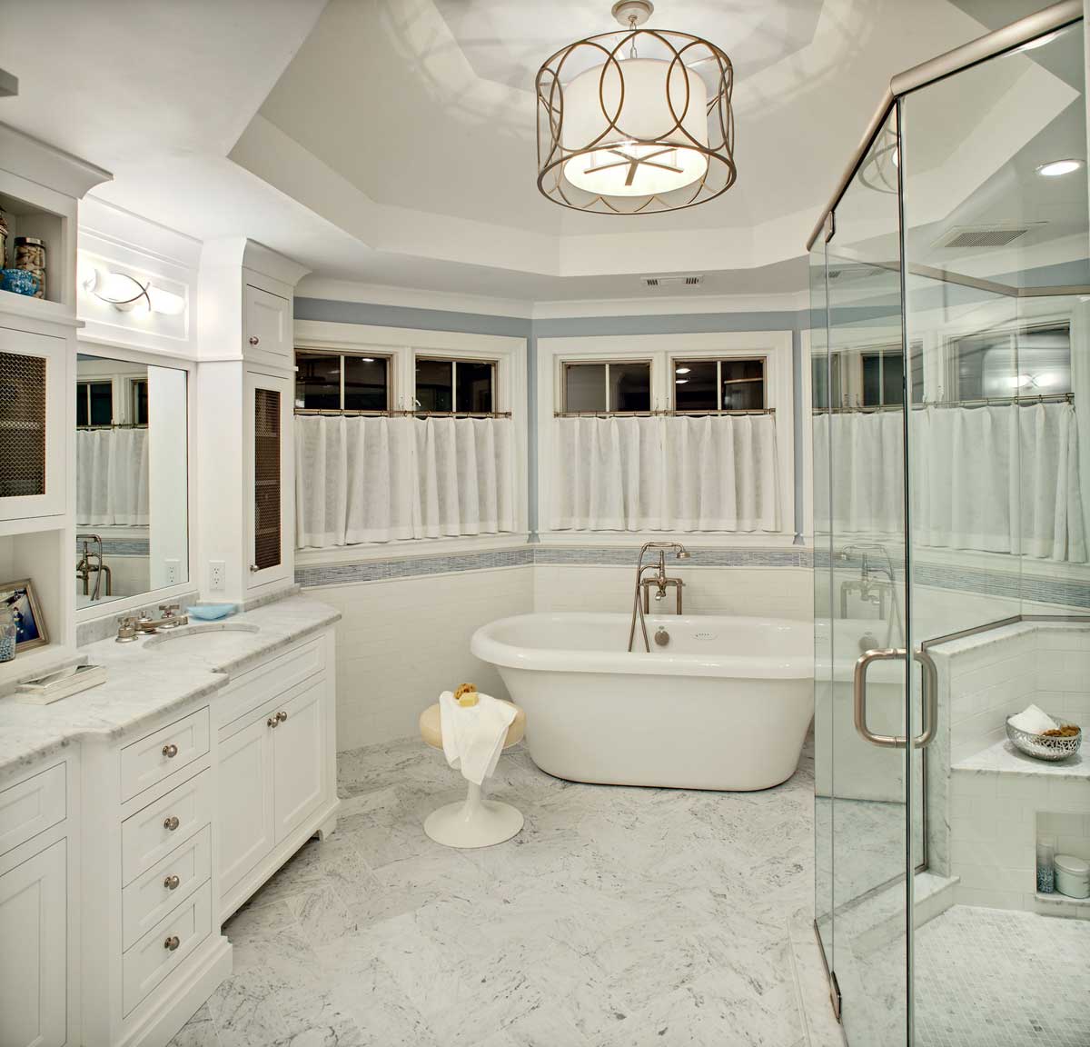 master bathroom with drum ceiling light shade