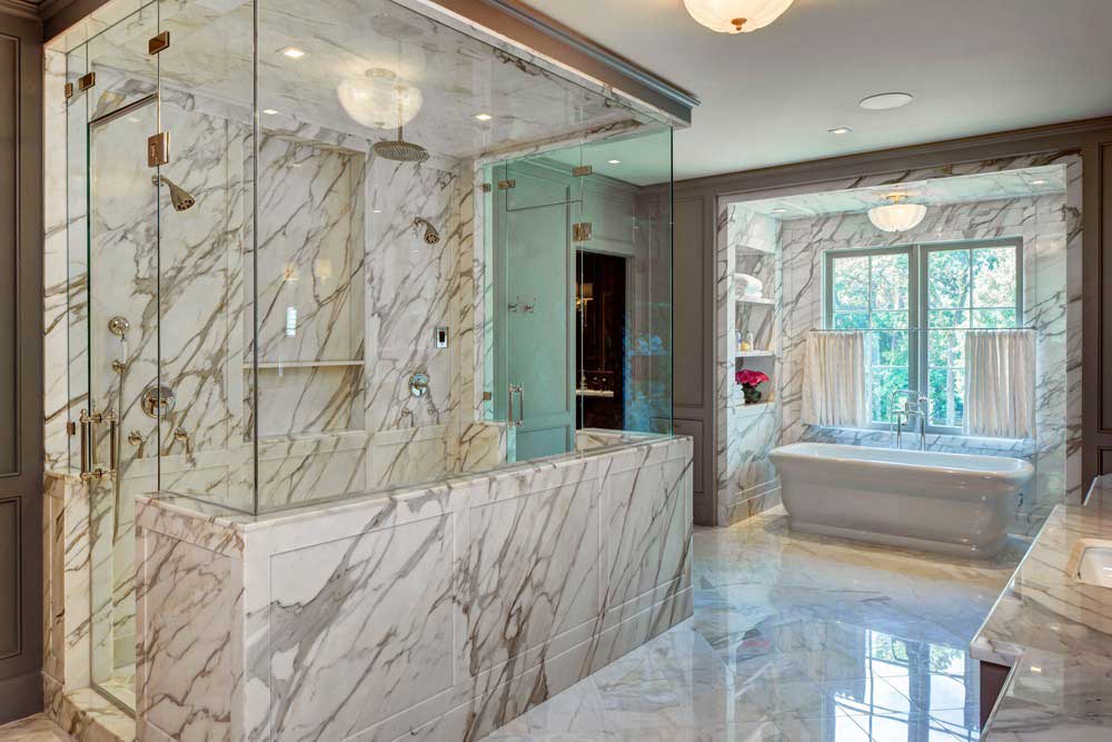 luxury bathroom with drum ceiling light