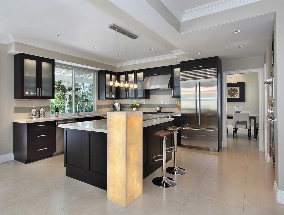 kitchen with clear glass mini pendant lights