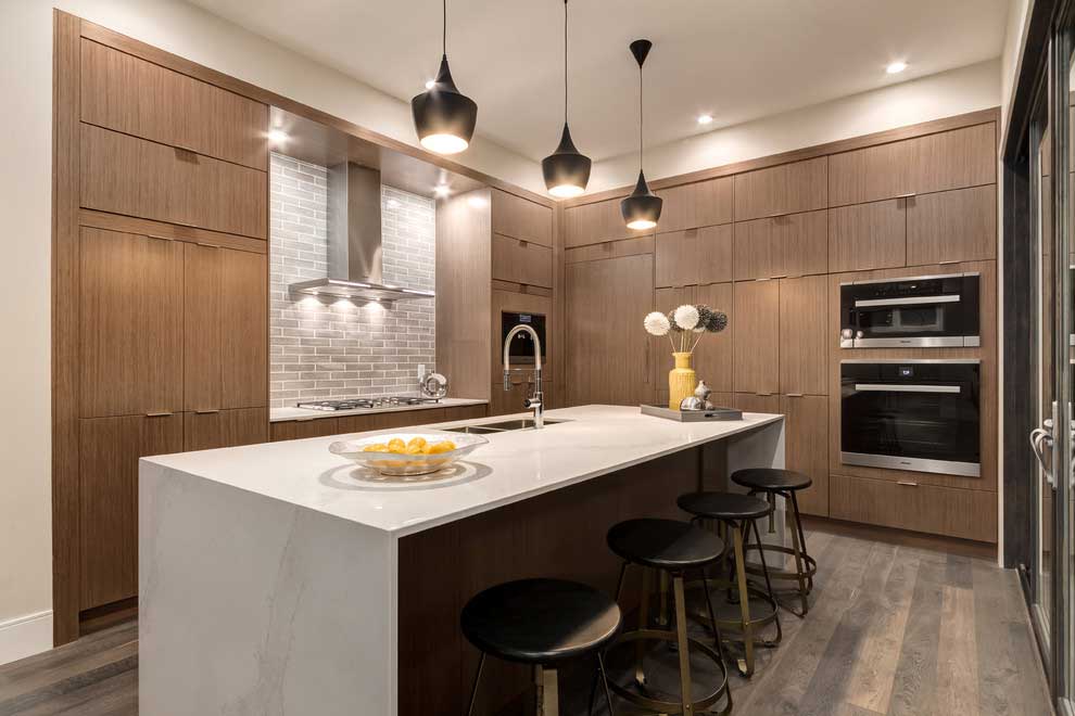 kitchen with matte black pendant lights