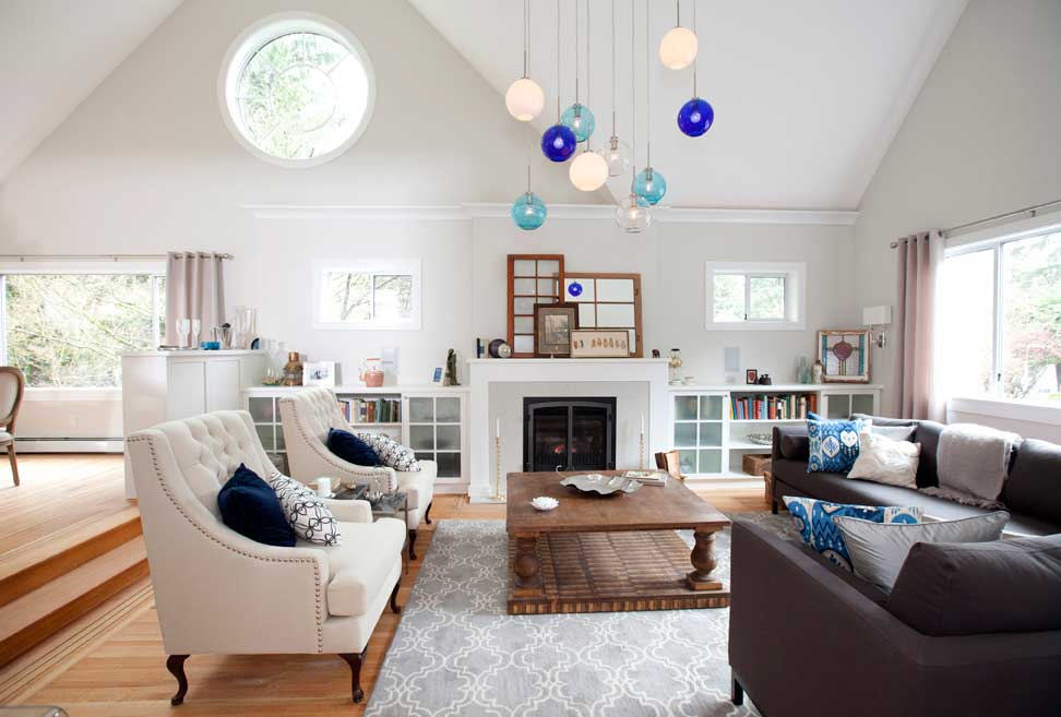 living room with colorful pendant light fixtures