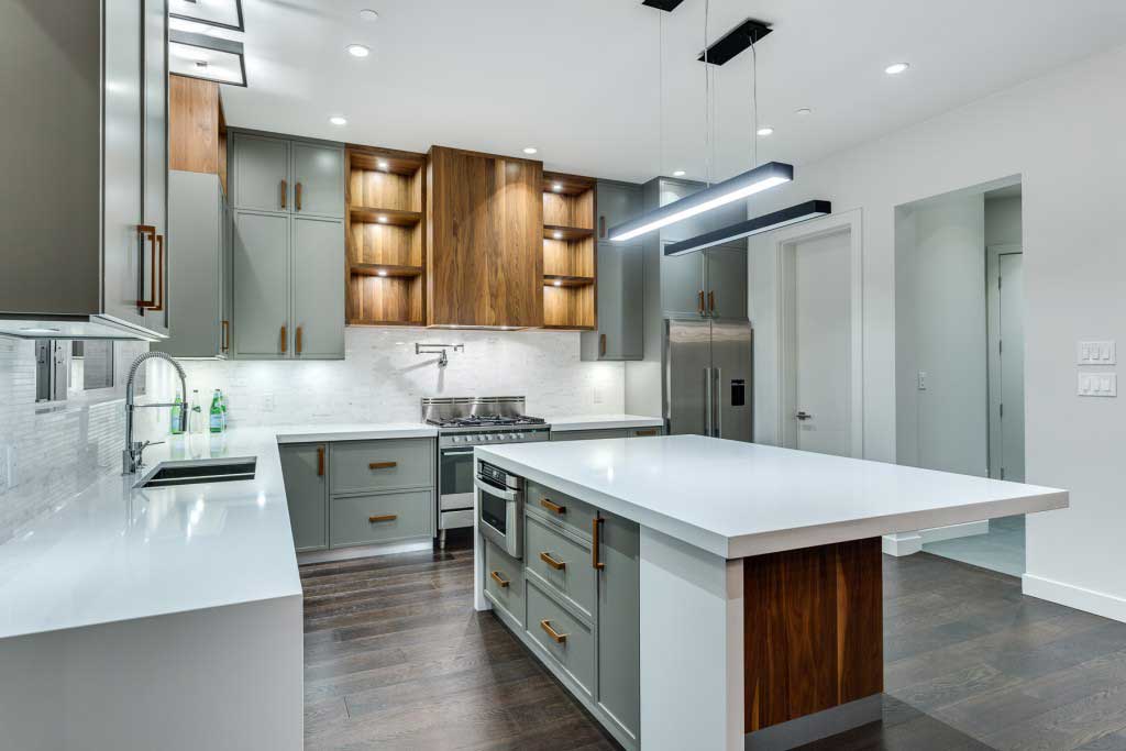 modern kitchen with rectangular led pendant light